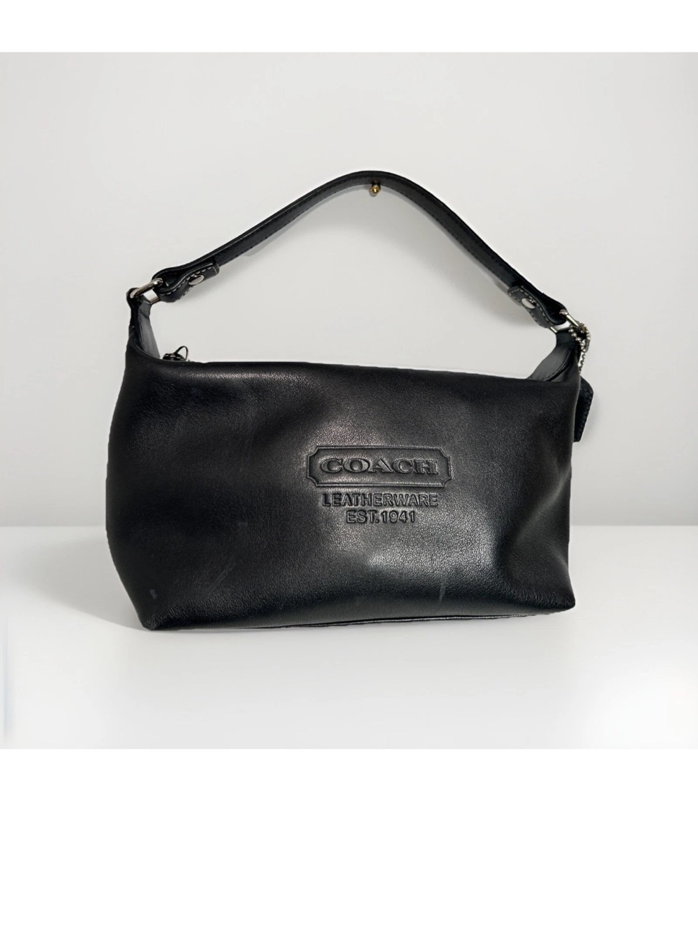 Authentic COACH Leather Handbag Mini Bag Pouch in Black w Brown C Monagram Liner